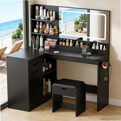 Sierra, Grote Kaptafel met Spiegel en Verlichting, hoek-kaptafel met ledverlichting, verstelbare helderheid en kruk, make-uptafel met 5 laden, stopcontact, haardrogerhouder,modern(Zwart)