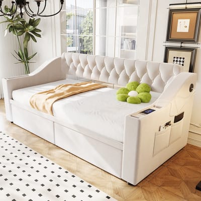 DESMIU Slaapbank 90x190 cm – Met USB-Oplaadpoort En Opbergruimte In Armleuningen – 2 Laden – Voor Slaapkamer Of Logeerkamer – Fluweel – Beige – Zonder Matras