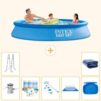 Intex Rond Opblaasbaar Easy Set Zwembad - 305 x 61 cm - Blauw - Inclusief Pomp - Onderhoudspakket - Schoonmaakset - Grondzeil - Voetenbad - Ladder - Solarzeil - 8-delig