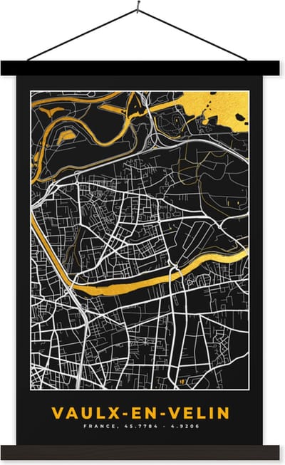 Posterhanger incl. Poster 40x60 cm - Schoolplaat - Kaart - Frankrijk - Stadskaart - Plattegrond - Vaulx-en-Velin - Textielposter - Zwarte latten - Stadskaart