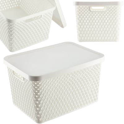 KADAX Opbergmand, mand met deksel, opbergkist, opbergdoos van plastic, moderne plankmand, container met ventilatiegaten (18 l, wit)