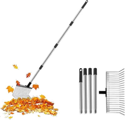 Tuinhark met steel - Bladhark gazonhark - Tuinonderhoud - Verstelbare steel - 160 cm - Zilver