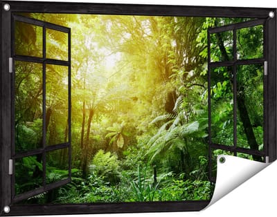Gards Tuinposter Doorkijk Tropische Jungle met Zonneschijn - 90x60 cm - Tuindoek - Tuindecoratie - Wanddecoratie buiten - Tuinschilderij