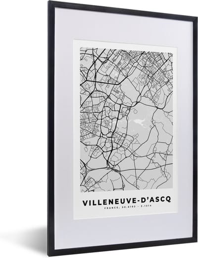 Fotolijst incl. Poster - Plattegrond - Kaart - Stadskaart - Frankrijk - Villeneuve-d'Ascq - 40x60 cm - Posterlijst