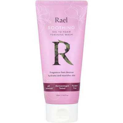 Rael, soothing gel-to-foam feminine cleanser, fragrance-free, 130 ml (4.4 fl oz) pink