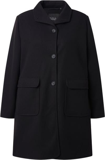 Ulla Popken - Dames - Mantel met wollen look spaghettikraag grote zakken - Zwart - Maat 42+