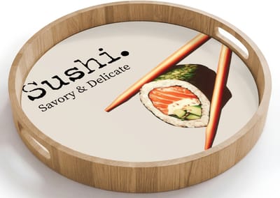 Dienblad rond 40x40 cm - Schootdienblad hout - Sushi - Zalm - Rijst - Japans - Borrelplank rechthoek - Plateau houten dienbladen