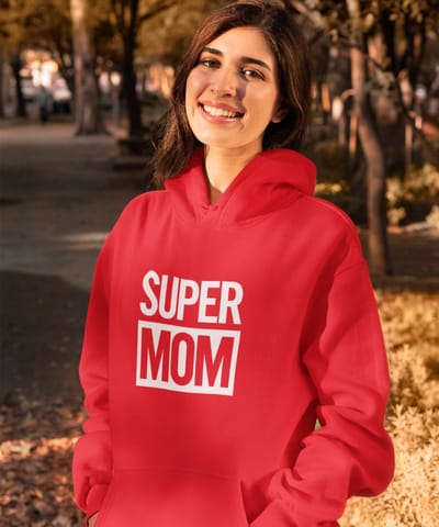 Moederdag Hoodie Super Mom - Kleur Rood | Maat XS | Moederdag Cadeautje Voor Mama's