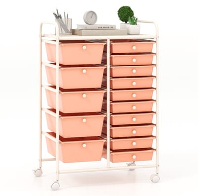 COSTWAY Rolwagen met 15 stapelbare laden, ladewagen, rolcontainer met metalen frame en legvlak, opbergwagen voor kantoor, woonkamer, 63 x 37 x 87 cm (lichtroze)