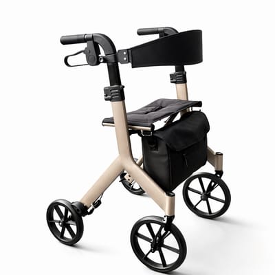 Rollator Lichtgewicht Opvouwbaar – MoveLite Comfort – 6,5 kg – Grote Wielen 25 cm – Weggewerkte Remkabels – Binnen & Buiten – Verstelbaar – Inclusief Tas & Stokhouder – Beige