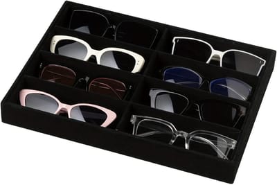 Stapelbare glazen organizer met 8 rasters voor sieraden, zonnebrillen en horloges - fluwelen opbergdoos met afneembare verdelers voor een nette presentatie