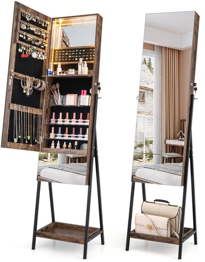 COSTWAY Sieradenkast met spiegel, spiegelkast, afsluitbaar, met 3 gekleurde ledverlichting, laden en plank, sieradenorganizer, vrijstaand voor slaapkamer, woonkamer