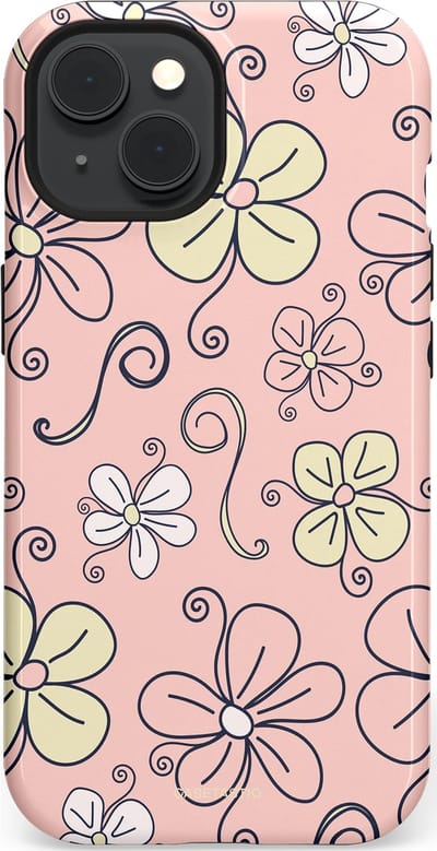 Casetastic hoesje geschikt voor Apple iPhone 15 - MagSafe - Dubbellaagse bescherming - Pastel Perzik Doodle Peach Bloemen - Fashion Case - Zand Zilver Lichtroze
