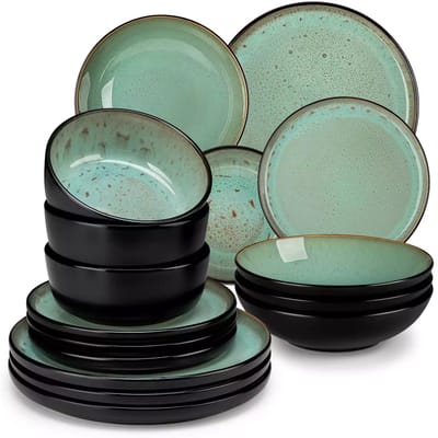 Serviesset - 4 Persoons Servies - Keramiek - Diner- en Dessertbord - Ontbijt- en Soepkom - 16-delige Set - Zwart - Groen