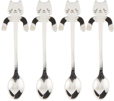 4 Theelepels Hangende kat - Koffie & Thee Lepeltjes - Hangende Kat - Zilver - 4 stuks
