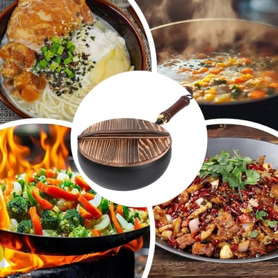 Wokpan met Deksel - Roerbakpan Koekenpan - Gezond Koken - Ongecoat Koolstofstaal - 24 cm - Zwart