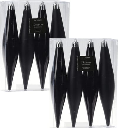 8x stuks kunststof ijspegels kersthangers zwart 15 cm mat/glans - mat/glans - Kerstboomversiering
