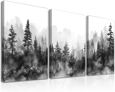 3Delige Set Ingelijste Zwart-Wit Bos Muurkunst - Canvas Landschap voor Woonkamer, Slaapkamer en Kantoor