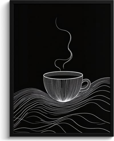 Fotolijst inclusief poster - Posterlijst 60x80 cm - Posters - Lijntekening - Koffiekop - Zwart - Foto in lijst - Keuken decoratie muur - Wanddecoratie accessoires - Muurdecoratie - Schilderijen