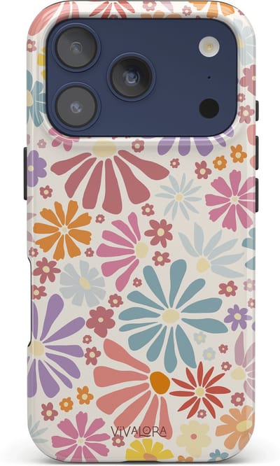 VivaLora Tough Telefoonhoesje iPhone 17 Pro Met Magsafe - Bloemenprint - Bloom Bliss Print - 2-in-1 Phone Case - Hard Case & Siliconen Backcover - Extra Bescherming - Shockproof Cover - Pastelkleuren - Blauw, Roze, Oranje, Geel