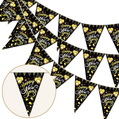Dailygoods- Oudejaarsavond Slinger - Happy New Year Wimpel - Feestdecoratie - Zwart/Goud - Papieren Kaart - Afmetingen 27,5 × 19 cm