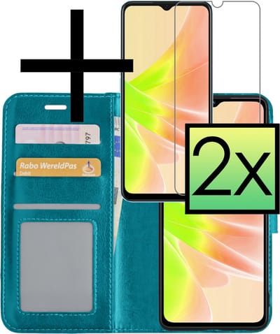 Hoesje - Met 2x Screenprotector - Geschikt voor OPPO A17 - Luxe Pasjeshouder - Bookcase Portemonee - Flip Case - Kunstleer Book Case - Flipcase Hoes - Book Cover - Walletcase - Portemonneehoes - Turquoise