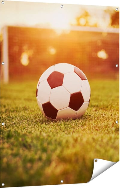 Gards Tuinposter Voetbal met Goal tijdens Zonsondergang - 90x120 cm - Tuindoek - Tuindecoratie - Wanddecoratie buiten - Tuinschilderij