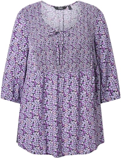 Ulla Popken - Dames - Gerimpelde blouse bloemen A-lijn ronde hals 3/4-mouw - Lavendel - Maat 42+