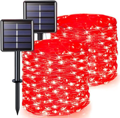 LED-zonnelamp met acht standen, lichtsnoer met sterrenhemel, decoratief lichtsnoer voor buiten, kerstsfeer - rood, 7 meter, 50 lampjes