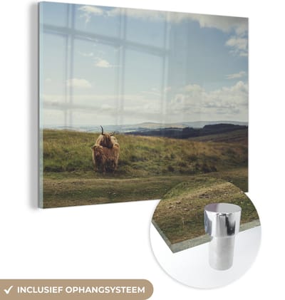 MuchoWow® Glasschilderij 160x120 cm - Schilderij acrylglas - Schotse Hooglanders - Gras - Wolken - Dieren - Foto op glas - Schilderijen