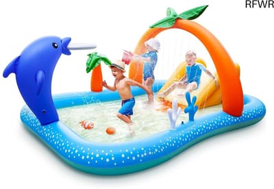 RFWR® Opblaasbaar zwembad met glijbaan en kokosboomsproeier - Kinderspeelcentrum 95x75x40 inch