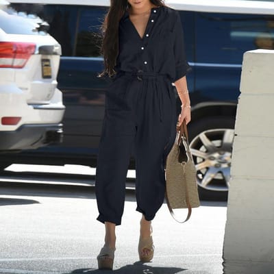 Dames Cargo Jumpsuits Herfst Vrouw Knoop Lange Mouw Zak Wijde Pijp Broek Overalls S zwart