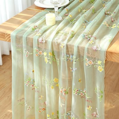 borduurwerk tafelloper, groen, 75 x 300 cm, bloemen, vlinder tafelloper, bruiloft, chiffon tafelkleed, gaas kaasdoek, tafelband, zomertafeldecoratie, keukentafel, decoratie, tafelloper, feest