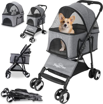 Opvouwbare 4-Wielige Honden- en Kattenwagen met Afneembare Deken en Regenhoes - Geschikt als Cadeau - Tot 20 kg - Hondenbuggy