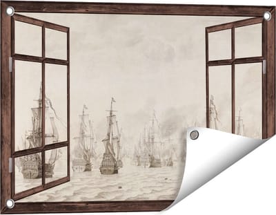 Gards Tuinposter Doorkijk De Zeeslag tegen de Spanjaarden bij Duinkerken - Willem van de Velde - 60x40 cm - Tuindoek - Tuindecoratie - Wanddecoratie buiten - Tuinschilderij