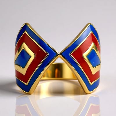 Cavill - 925 Sterling Zilver Ring - Verguld - Geometrische Ring met Rood en Blauw Emaille - Elegante Moderne Sieraden voor Vrouwen