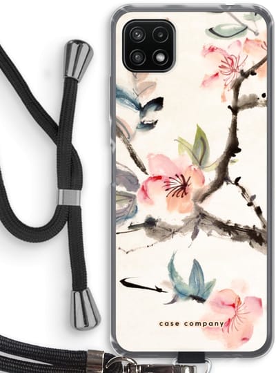 Case Company® - Hoesje met koord geschikt voor Samsung Galaxy A22 5G hoesje met Koord - Japanse bloemen - Telefoonhoesje met Zwart Koord - Bescherming aan alle Kanten en Over de Schermrand
