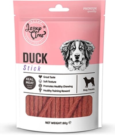 3 X JERKY TIME HOND-- -3 X 80 GR =240 GR -- 1 X CHICKEN EN CODFISH SANDWICH + 1 X DUCK STICKS + 1 X CHICKENSTICKS - BEVORDERD GEZOND KAUWEN.
