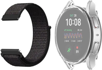 Strap-it Nylon band Zwart + TPU Case Transparant - Geschikt voor Samsung Galaxy Watch 7 40mm - Bescherming hoesje voor Galaxy Watch 7 40mm smartwatch - Zachte nylon band zwart + TPU Case Transparant