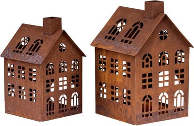 Set van 2 Huisvormige Lantaarns in Roestkleurige Metaal - Landelijke Windlichten Vintage Decoratie