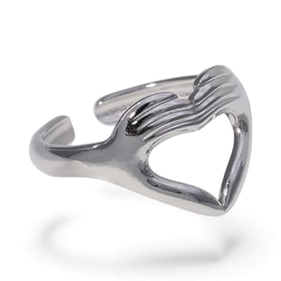 Aramat Jewels | Ringen | Open Ring RVS Hart met Handen Symbool (14 mm Breed) | Zilverkleur | |14mm | Staal | Volwassenen | Verkleurd niet