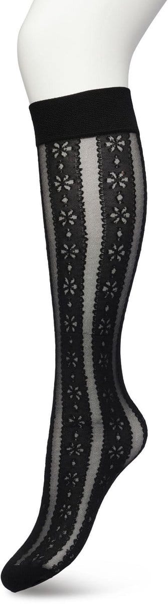 Bonnie Doon Dames Bloemen Panty Kniekousen Zwart maat 36/42 - Knie Kousen 50 denier - Gebloemd - Bloemen Print - Uitstekend draagcomfort - Flower Stripe Knee High - Kniesokken - Zakt niet af - OEKO-TEX - Black - BP221804.101