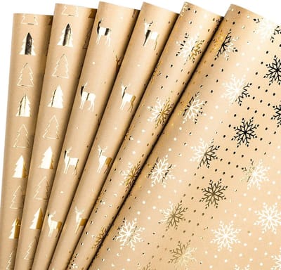 Jhubersproducts - Kraft-inpakpapier - Kerstboom en rendier designs - Goudfolie - 44,5 cm x 76 cm - Cadeaupapier - Perfect voor feestdagen - 6 vellen