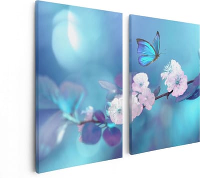 Artaza Canvas Schilderij Tweeluik Blauwe Vlinder Bij Een Roze Bloem  - 80x60 - Foto Op Canvas - Canvas Print