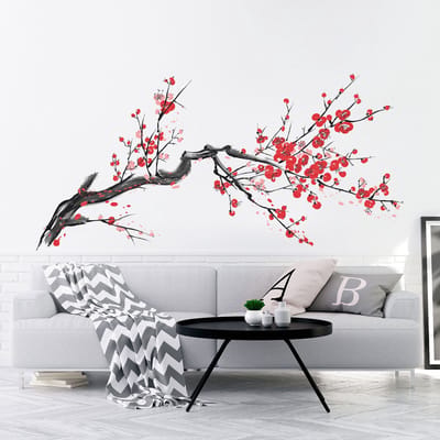 Muurstickers - Bloeiende boomtak in rood - Transparante achtergrond - 30x40cm