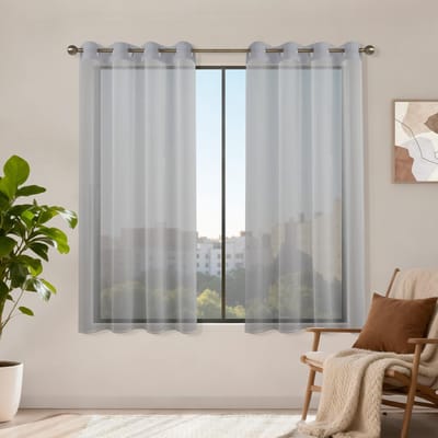 gordijnen met ingestanste ringen, set van 2, H 145 x B 140 gordijnen, transparant, gordijnen met inslagringen, kort, lusgordijn voor slaapkamer, woonkamer, keuken, grijs