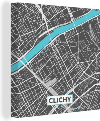 Canvas Schilderij Clichy - Frankrijk - Plattegrond - Kaart - Stadskaart - 20x20 cm - Wanddecoratie