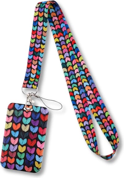 Travel Cords - keycord met pashouder Hearts Black - uitschuifbaar - eenzijdig transparant venster - lanyard - passen, sleutels en telefoon - met telefooncord - hardcase