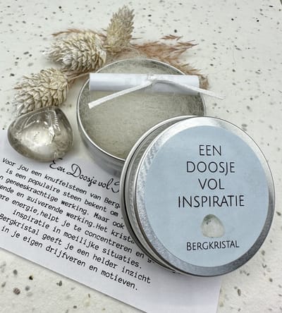 Een doosje vol inspiratie, bergkristal, natuursteen, klein kadootje, creatief,geluk,