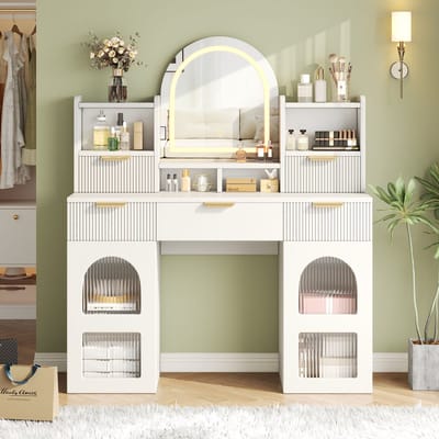 HAUSS SPOLE Kaptafel - Ledspiegel En 3 Lades - Met Glazen Kasten Voor Slaapkamer - MDF En Spaanplaat - 120x40x139,5 Cm - Wit